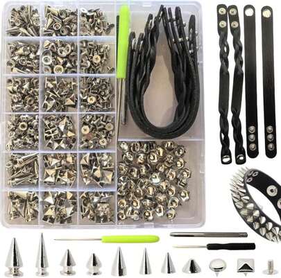 Uliche 559 Pcs Punk Studs And Spikes Kit,8 Sizes Cone Spikes,Square Pyramid&Amp;Circular Rivet,Metal Tree Spikes Studs For Clothing And Leathercraft Accessories DIY Craft Decoration,Wristband Included
