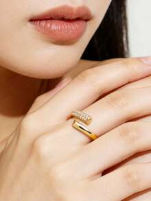 1pc Fashion Design Gold-Plated Copper Ring With Zirconia Stones, Women's Ring - A Gold Double-layered Ring - View 3