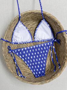 Popular Ruched Leopard Print Halter Two Pieces Bikini, European Tie-Strap Swim Set, Year-Round Bestseller For Beach Parties - Royal Blue Background With White Stars - View 9
