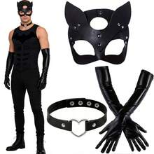 Bộ trang phục mèo phong cách Punk 4 món, bao gồm mặt nạ mắt, vòng cổ hình trái tim và găng tay - Thích hợp cho tiệc Halloween, tiệc khiêu vũ Gothic, tiệc nhập vai, quà sinh nhật thời trang. - màu đen - Xem 2