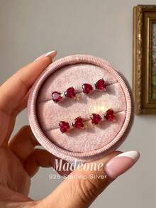 MADEONE 1对925纯银心形耳钉，女士耳环，节日、生日、婚礼、订婚、新娘首饰、情人节礼物 - 愛心耳釘-紅鋯 - 查看 3