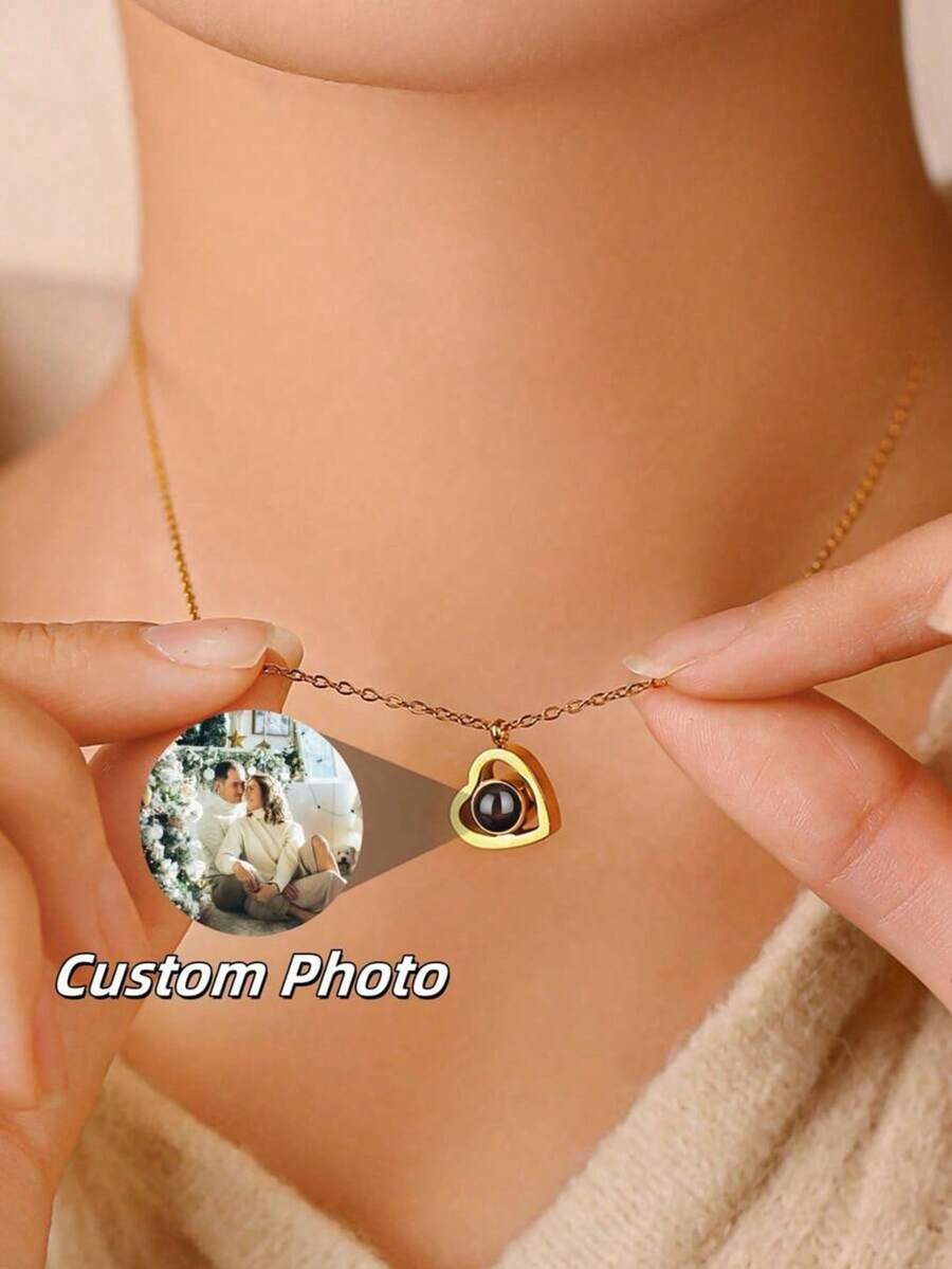 Dây chuyền chiếu ảnh tùy chỉnh, Dây chuyền chiếu hình trái tim có ảnh bên trong, Dây chuyền "Anh yêu em", Mặt dây chuyền hình trái tim bằng thép không gỉ có thể tùy chỉnh 100 ngôn ngữ - Quà tặng - Nhiều màu - Xem 1
