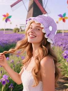 1pc Women Handmade Knitted Mushroom Hat, Cute Little Red Riding Hood Style, Warm Winter Casual Wear, Holiday Gatherings - 紅色 - 查看 9