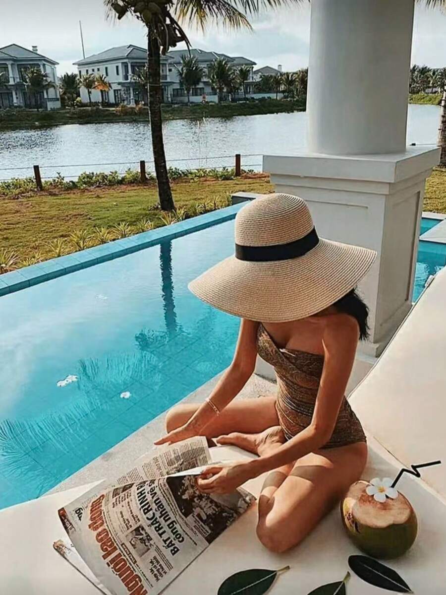 1 chiếc mũ rơm vành rộng dành cho nữ, có dây ruy băng đen, mũ che nắng đi biển. - Nhiều màu - Xem 1