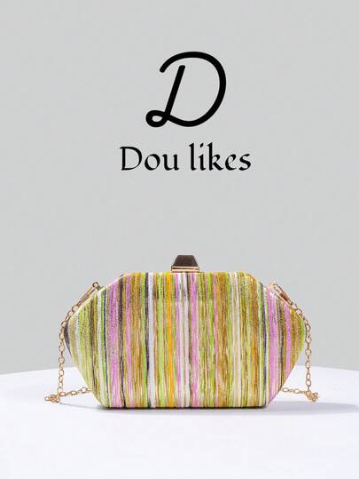 Multicolor Striped Shiny Clutch, Fashionable Chain Shoulder Bag, Women's Rainbow Pattern Party Wallet, Party Bag Suitable For Vacation, Birthday Gift, Valentine's Day Gift, Party, Crossbody Bag, Handbag, Cosmetic Bag, Perfectly Matched With New Year Outfit And Women's Party Dress, Fashionable Party Bag, Ideal For Party, Wedding, Ball, Gala/Banquet
