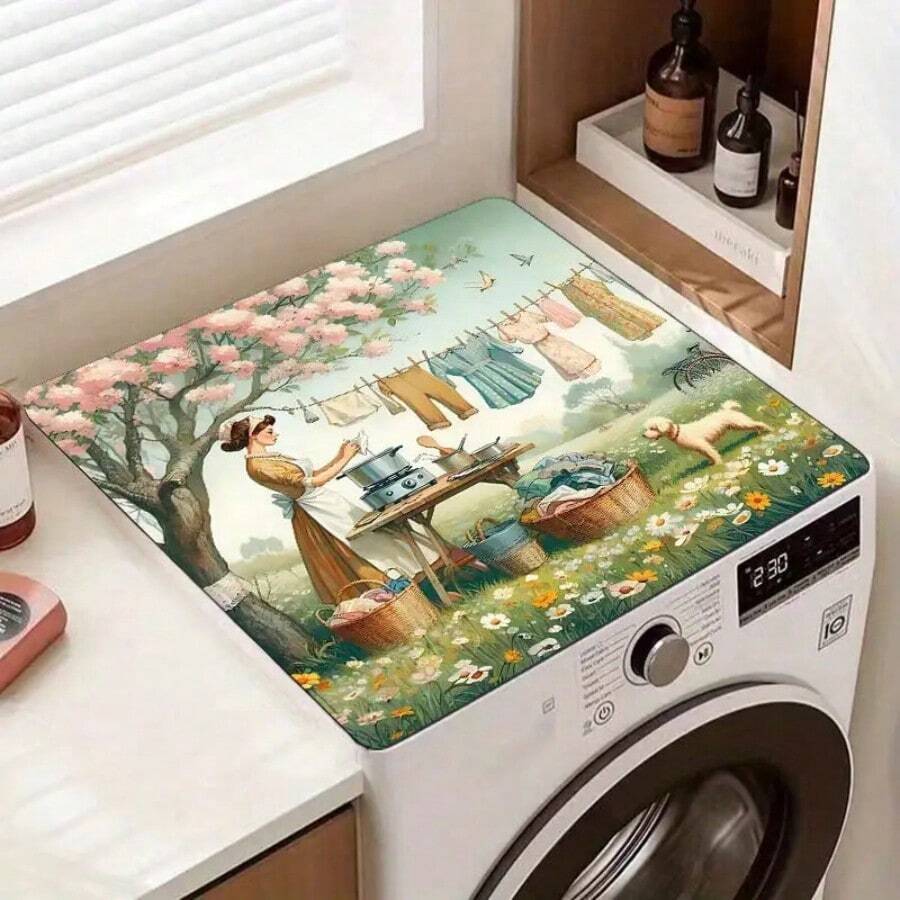 1 pieza Funda protectora para la parte superior de la lavadora con estampado de lavandería, base de goma suave, almohadilla de drenaje de diatomita absorbente y de secado rápido, protector multiusos para lavadora, secadora, refrigerador y mostrador de cafetera, decoración moderna para el hogar y la cocina