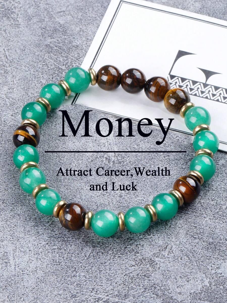 1件招财手链，绿东陵玉和虎眼石串珠手链，寓意富足、繁荣、好运和成功，适合冥想、精神和健康佩戴，男女皆宜 - 彩色 - 查看 1