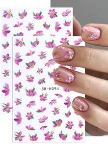 3D紫粉花瓣美甲贴纸2片装，渐变盛开樱花芙蓉花瓣绿叶春夏花卉印花DIY Y2K时尚自粘凝胶指甲油贴纸滑块美甲装饰沙龙美甲 - 彩色 - 查看 8