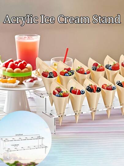 12-Hole Transparent Acrylic Ice Cream Cone Holder | Transparent Display Stand For Ice Cream, Popcorn And Desserts - Portable And Detachable Multifunctional Decor Suitable For Birthday, Wedding, Party And Thanksgiving