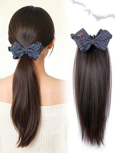 女士合成纤维马尾假发，内置香蕉夹，直马尾配蝴蝶结发饰，自然蓬松，可扎高马尾或低马尾，增加发量