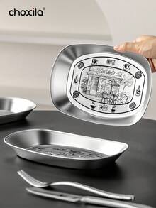1 khay khắc bằng thép không gỉ, đĩa gia dụng, khay đựng trái cây và đồ ăn nhẹ, khay đựng đồ trên bàn cà phê, khay dã ngoại. - đĩa - Xem 2