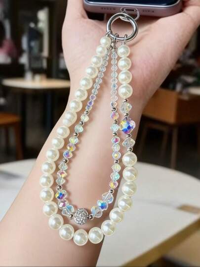 1 pièce Sangle de téléphone à double couche avec perles de culture et cristaux colorés, sangle de poignet élégante avec perles, accessoire portable anti-perte