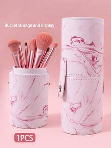 Portable Marble Pattern Makeup Brush Bucket, 1pc PU Leather Dustproof Cosmetic Storage Holder, Large Capacity Vanity Organizer For Travel & Daily Use - Baby Pink - View 4