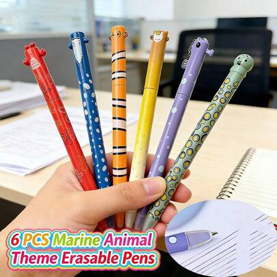 6pcs Ocean Animal Theme Erasable Ballpoint Pens, Retractable Tip; 0.7mm Blue Refill; Smooth Writing & Neutral Ink, Easy To Erase Mistakes, Suitable For Students Exams, Homework And Note-Taking; School & Office Supplies