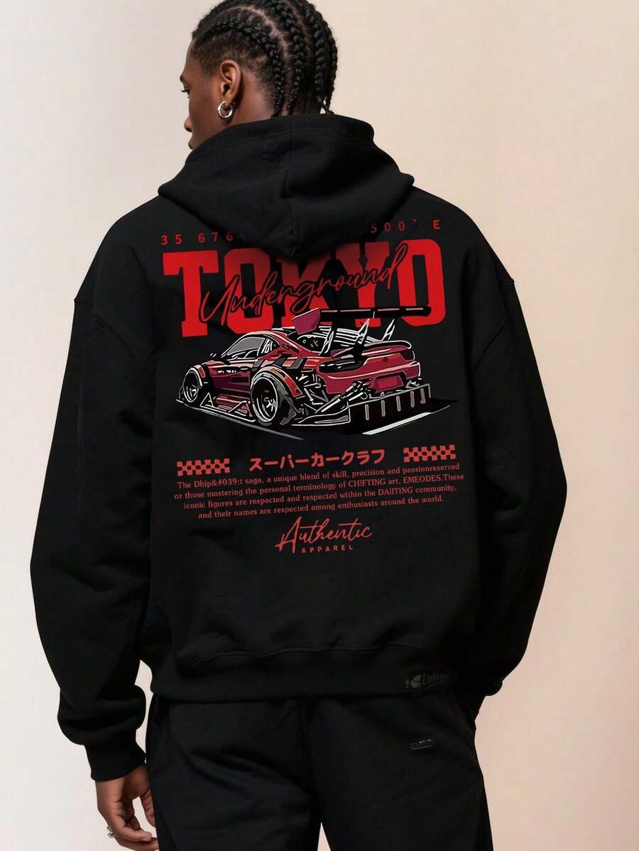 Voidago Sudadera holgada con capucha, bolsillo canguro y cordón, con estampado de eslogan de elemento de carreras callejeras, de moda casual y versátil para hombre, otoño/invierno - Negro - Ver 1