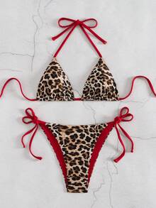 2pcs Leopard Print Sexy Backless Drawstring Tie Back Ruched Bust Women's Bikini Swimsuit, Suitable For Beach, Holiday, Summer, Red Leopard Print Contrast Color Vacation - Brown - View 3