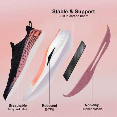 baasploa Women's Running Shoes, Black & Pink, Carbon Plate Cushioning, Durable, Professional Lightweight Running Shoes, Women's Outdoor Running Mesh Training Shoes, Suitable For Running Exercises And Outdoor Sports