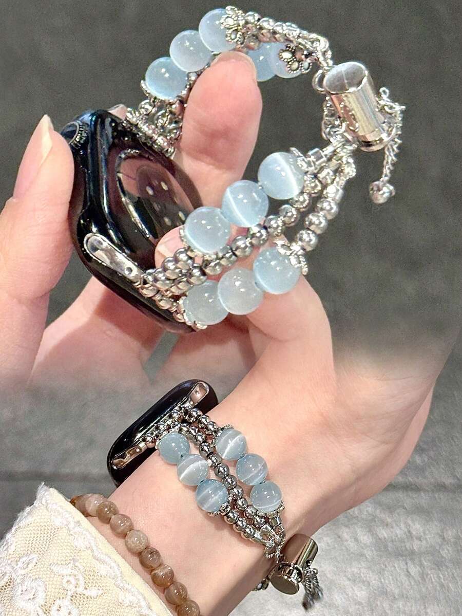 1 chiếc vòng tay nữ màu xanh dương thanh lịch đính đá mắt mèo trong suốt, dây kim loại, tương thích với Apple Watch 38/40/41/44/45/49/42/46mm, phù hợp với các dòng Series 11/SE3/Ultra3/Ultra/SE/SE2/10/9/8/7/6/5/4/3/2/1