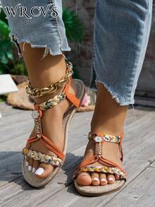 Orange Wide Width Woven Beaded Flat Sandals, Suitable For Summer, Party, Beach, Bohemian Vacation - Orange - View 2