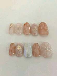 10pcs Short Oval Handmade Press-On Nails, Sweet Pink Cat Eye Nail Art, Hand-Painted Plaid With 3D Flower Decor, Simple & Cute, Suitable For All Seasons, Daily Wear & Party, Women & Girls - Multicolor - View 10