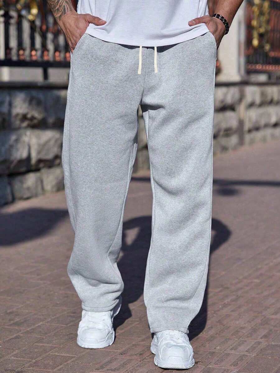 Pantalones de chándal rectos y holgados para hombre, color gris, con detalle de cordón, para uso casual