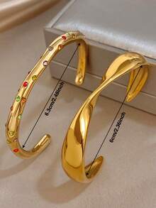 18K Gold Plated Stainless Steel Edgy Cuff Bangle Bracelets Set With Multicolor Zirconia For Women, Wear On Wrist, Not Arm, Textured Boho Stackable Bangles, For Valentines, Party, Gala, Daily, Dating, Mardi Gras, New Years, Wedding, Beach, Christmas Anniversary, Elegant Mom Gift Boho Jewelry Birthday Bridesmaid Gift - Multicolor - View 6