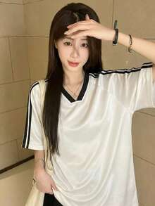 Áo kiểu dệt kim ngắn tay cổ chữ V dáng rộng màu trắng Star River Girl, phong cách tối giản, thích hợp cho mùa hè, ngày Valentine. - 2A14 Trắng và Đen - Xem 9