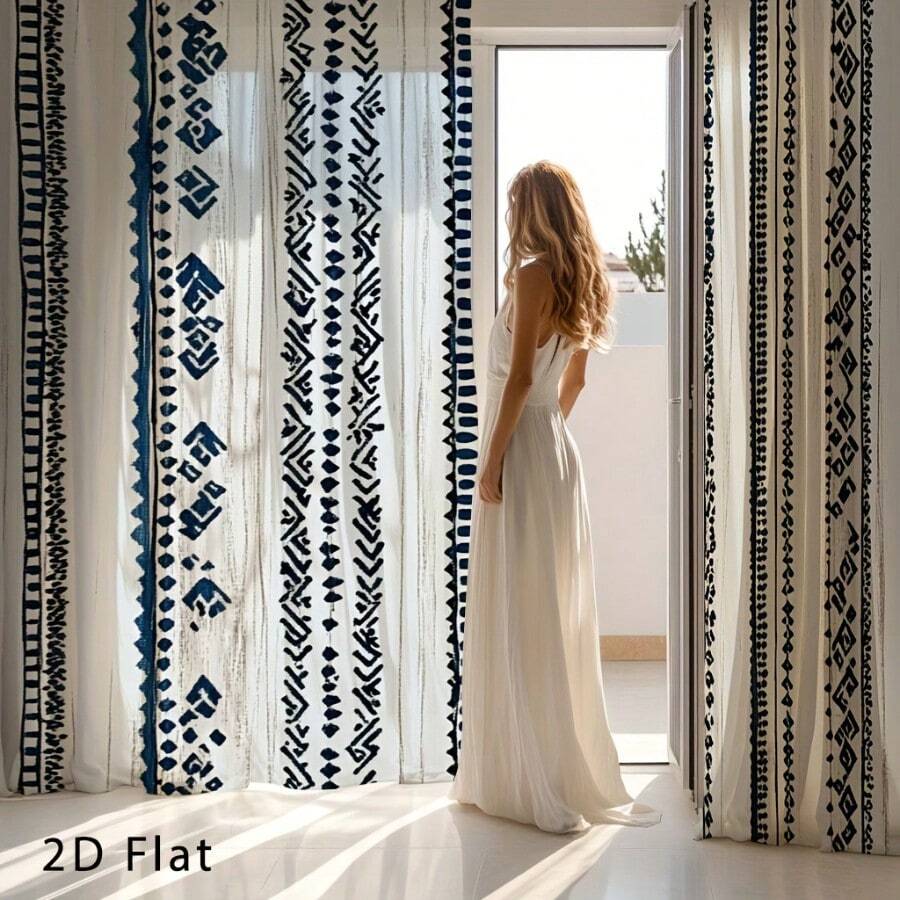2PCS Bohemian Geometric Patterned Curtains, Patterned Curtains For Living Rooms And Bedrooms, With Glass Window Curtains, Living Room Curtains, 2D Plan - Multicolor - View 1