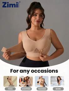 Zimi Collection 1pc Plus Size Women Seamless Sexy Hollow-Out Front Hook Design Sports Bra, Soft & Comfortable Wireless Full Coverage Yoga Wide Strap Sports Bra Fall - Apricot - View 7