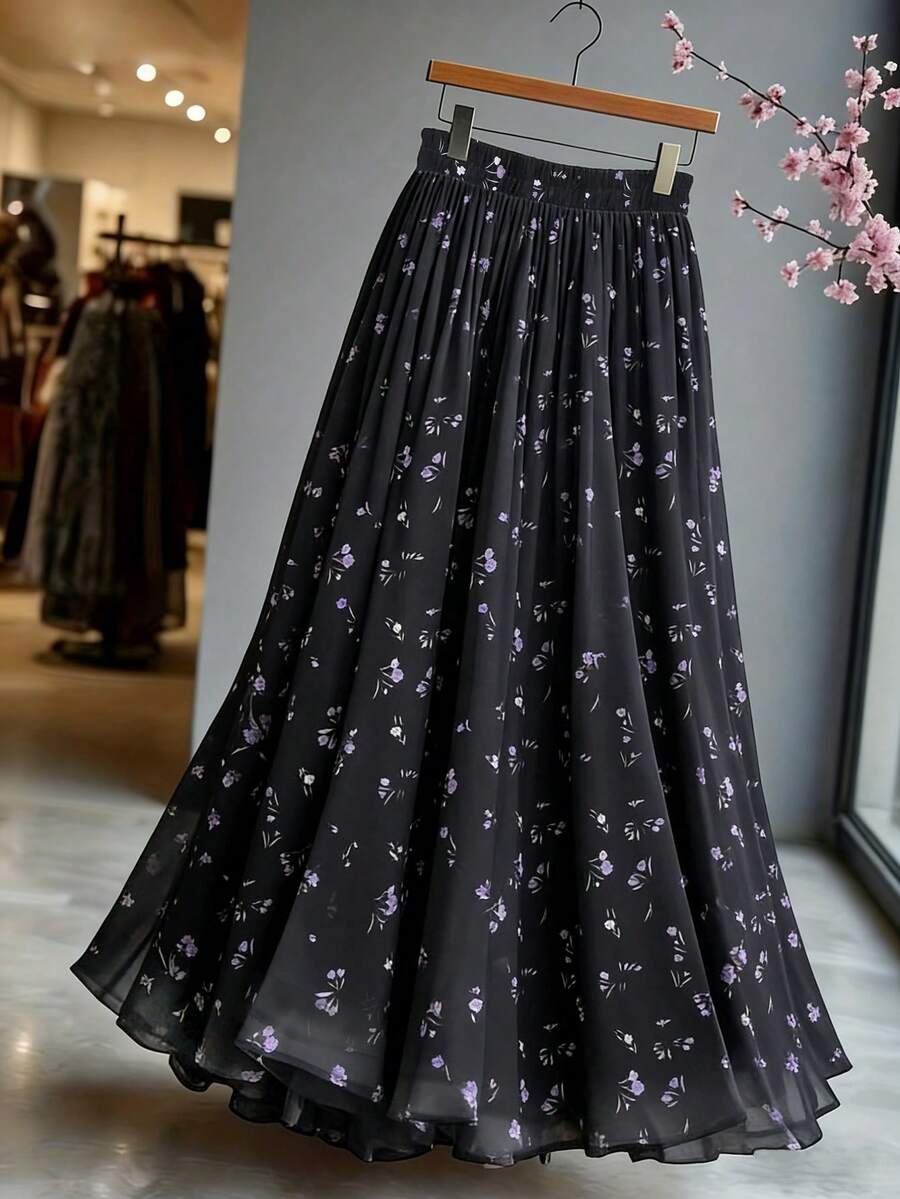Boho 2026 Noutăți Primăvara și Toamna Oversize Reversibil, Tul de înaltă calitate, Floral Casual la modă, Stil ușor - Noutate: Fustă lungă evazată, linie A, cu talie înaltă, plisată, cu imprimeu floral, linie A, ținute de brunch pentru femei, negru