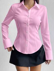 女士春秋新款修身长袖翻领纽扣衬衫，简约时尚优雅休闲必备单品 - 淺粉色 - 查看 3