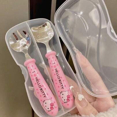 SANRIO Juego de cuchara y tenedor de Hello Kitty, dos piezas, juego de utensilios de viaje con diseño de dibujos animados lindos, en caja, utensilios de alimentación portátiles