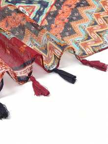 1pc Geometric Patchwork Balinese Gauze Tassel Print Scarf - Multicolor - View 4