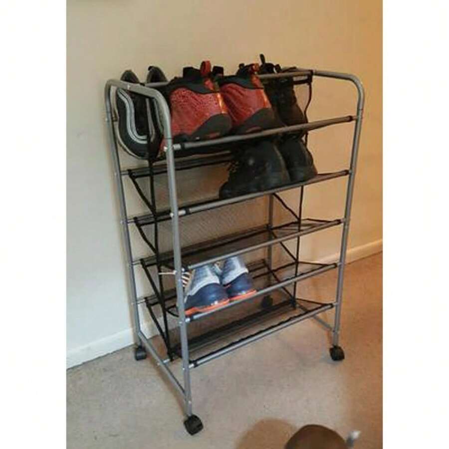 5-Tier Gray & Black Slanted Mesh Metal Shoe Rack With Rolling Wheels ...