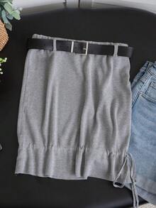 2026 Spring/Summer Women's Grey Knit Camisole - Fashionable Casual Sweet Belted Ruffle Hem Sleeveless Top For Daily & Date Wear, Comes With Model's Matching Belt - Grey - View 7