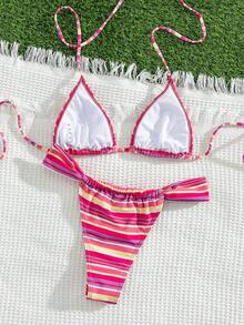 Bộ bikini hai mảnh gợi cảm tối giản dành cho nữ, họa tiết kẻ sọc, kiểu buộc dây cổ, thích hợp cho bãi biển, kỳ nghỉ, hẹn hò, bộ sưu tập mới mùa xuân/hè. - Sọc đỏ hồng - Xem 3