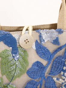 1pc Colorful Sequin & Mesh Patchwork Linen Tote Bag, Fashion Floral & Leaf Embroidery Design, Large Capacity Square Handbag, Casual Beach Vacation Shopping Bag (Floral Pattern Randomly Distributed) - Baby Blue - View 8