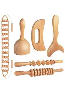 Bộ 6 con lăn massage bằng gỗ, bộ dụng cụ massage bằng gỗ, dụng cụ massage cầm tay bằng gỗ - dụng cụ massage toàn thân - Màu vàng - Xem 1