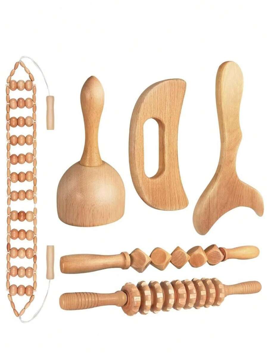 Bộ 6 con lăn massage bằng gỗ, bộ dụng cụ massage bằng gỗ, dụng cụ massage cầm tay bằng gỗ - dụng cụ massage toàn thân - Màu vàng - Xem 1