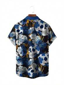 Blue Floral Skulls Symbolizing Freedom And The Cycle Of Life Create A Vivid Tropical Vibe 3D Print Men's Casual Short Sleeve Summer Button Up Shirt - 白色 - 查看 2
