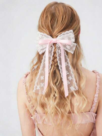 1pc Women's Fashion Headpiece, Elegant Lace Bow Hair Clip, Sweet Ribbon Tie Butterfly Decor Hair Accessory, Suitable For Daily Wear In Spring And Summer