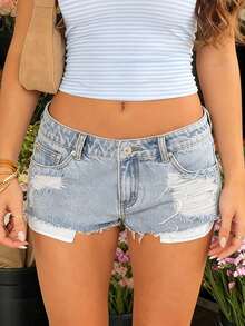 Women's Slim Ripped Denim Shorts Mid Rise Distressed Jean Shorts Frayed Hem Summer Bottoms - Baby Blue - View 6