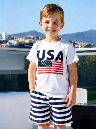 儿童男童美国印花短袖 T 恤 + 蓝白条纹短裤夏季休闲套装
