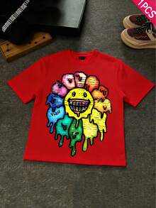 Boys & Teens' Casual Graphic Print Round Neck Short Sleeve T-Shirt, Summer Top - 紅色1 - 查看 2