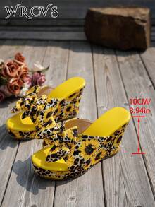 WRCVS Giày sandal đế xuồng cao gót họa tiết hoa hướng dương vàng ngẫu nhiên, trang trí nơ hoa 3D, sandal một quai kiểu dáng đi nghỉ mát, giày cao gót nhẹ. - Màu vàng - Xem 6