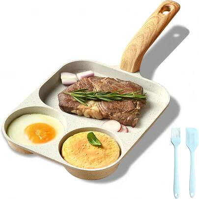 3-In-1 Plaid Frying Pan, Household Breakfast Tool, Non-Stick Pan, Simultaneous Cooking Of Eggs And Bacon, Suitable For Gas And Induction Cooktops, Outdoor Camping Portable Grill, Picnic Cookware, Wooden Heat-Resistant Handle, High-Quality Cream Color Kitchen Essential