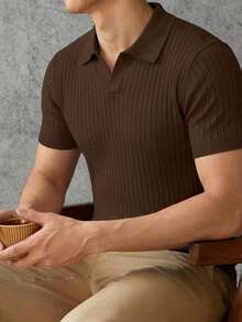 Men's Classic Ribbed Knit Polo Short Sleeve Shirt, Solid Color, Suitable For Summer Outings, Fashion Essential - Brown - View 6