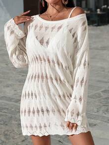 Đầm dệt kim dài tay kiểu dáng bohemian tối giản, gợi cảm, khoét lỗ, xuyên thấu, mềm mại, dáng dài đến đầu gối, màu trắng, thích hợp cho nữ mùa xuân/hè, đi dự lễ hội âm nhạc, nghỉ mát biển. - trắng - Xem 3