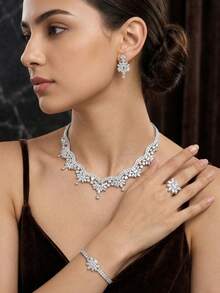 1 Set Sweet Cubic Zirconia Flower Jewelry Set, Suitable For Women Birthday Gift - Silver - View 5