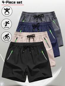 Driftmere 4pcs Men's Summer Casual Quick-Dry Drawstring Waist Shorts With Zipper Details, Cargo Shorts Father's Day – A Fathers Day Gift Guide - Black - View 3